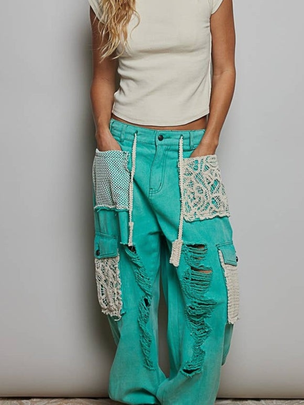 POL -Turquoise Distressed Crochet-Patch Wide Leg Jeans - Women - Size L